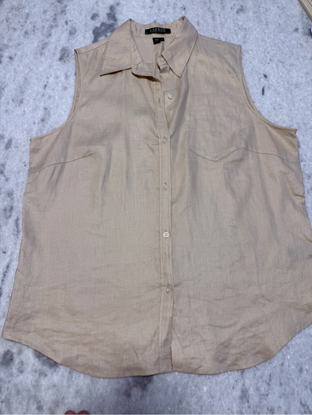 Ralph Lauren Sleeveless Button-Down Shirt in Beige